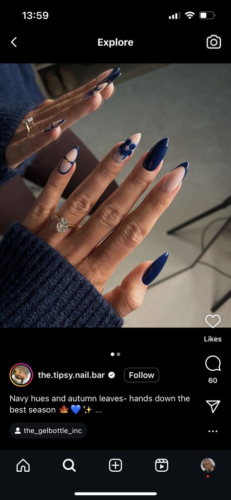 Navy Tips Nails, Navy And Silver Nails, Navy Nails, Blue French Tips, Navy Blue Nails, Almond Nail, Jelly Nails, Dark Nails, Silver Nails