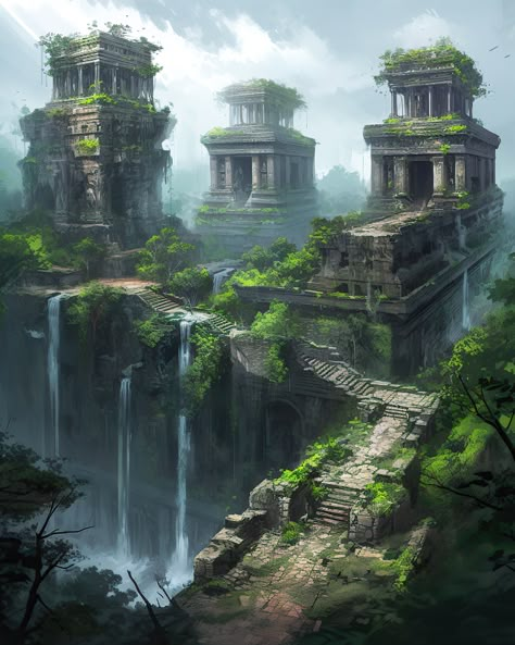 Fantasy environment created with Midjourney v5 Fantasy Tropical City, Fantasy World Ideas, Fantasy Landscape Concept Art, Fantasy Plains, Fantasy World Aesthetic, Fantasy Ruins, Fantasy Place, Fantasy Environment, Old Ruins