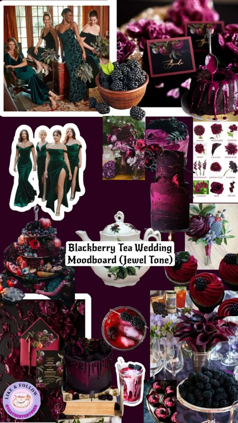 @teatechventures Wedding Inspo: Blackberry Tea Theme #weddinginspo #wedding #bridesmaids #dresses #burgundy #moodywedding #fallwedding #nature #halloween #beauty #blackberry #velvetgreen #jeweltones  #vintage Halloween Bridesmaid Dress, Berry Colored Wedding, Atypical Wedding, Gothic Forest Wedding, Romance Academia, Berry Bridesmaid Dresses, Goth Tea Party, Jewel Tone Bridesmaid, Jewel Tone Wedding Theme