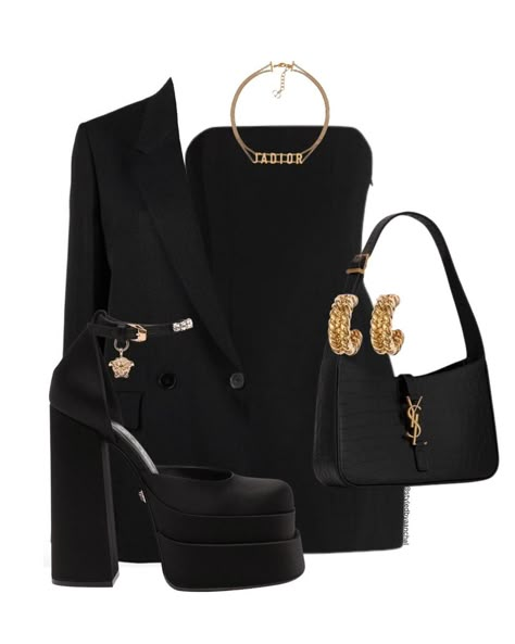 Fancy Elegant Dresses, Black And Gold Outfit Ideas, Black Platform Heels Outfit, Gold Heels Outfit, Versace Style, Versace Outfit, Looks Black, Aesthetic Outfit, Looks Chic