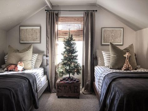 @interiorjems shared a photo on Instagram: “We refinished this loft soon after we moved in. I knew it would be such a fun room for my boys to grow up in! Thy both love Christmas as…” • Nov 10, 2020 at 1:00am UTC Twin Boy Room Ideas, Twin Bedroom Decor, Twin Boys Room, Twin Beds For Boys, Twin Boys Bedroom, Small Loft Spaces, Toddler Boy Room, Twin Canopy Bed, Boy Toddler Bedroom