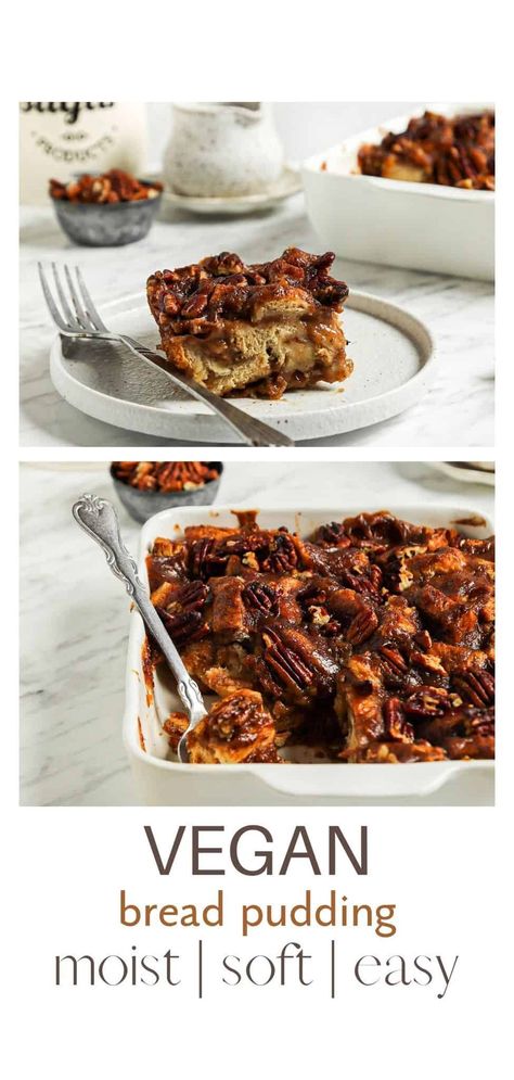 This is one of the best vegan bread pudding recipes! Super easy to make and ultra-soft, this gooey and sweet bread pudding is loaded with comforting flavors and topped with crunchy pecans. Easy Vegan Bread, Sweet Pecans, Inexpensive Desserts, Vegan Bread Pudding, Dairy Free Bread, Apple Pie Bread, Sweet Brunch, Vegan Apple Pie, Non Dairy Milk