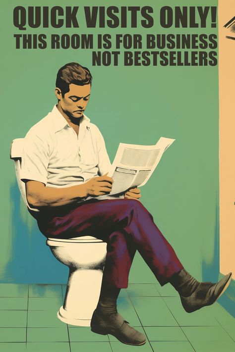 Upgrade your bathroom vibes with our retro-style humorous toilet poster! A man engrossed in reading sends a clear message: 'Quick visits only! This room is for business, not bestsellers.' 😄🚽 #BathroomHumor #RetroDecor #green #white #unframed #entryway #vertical #cloakroomwallart #guestbathroomdecor #maximalistwallart #overthetoilet Bathroom Vibes, Toilet Poster, Toilet Pictures, Guest Bathroom Decor, Toilet Art, Print Bathroom, Maximalist Wall Art, Funny Bathroom, Man Sitting