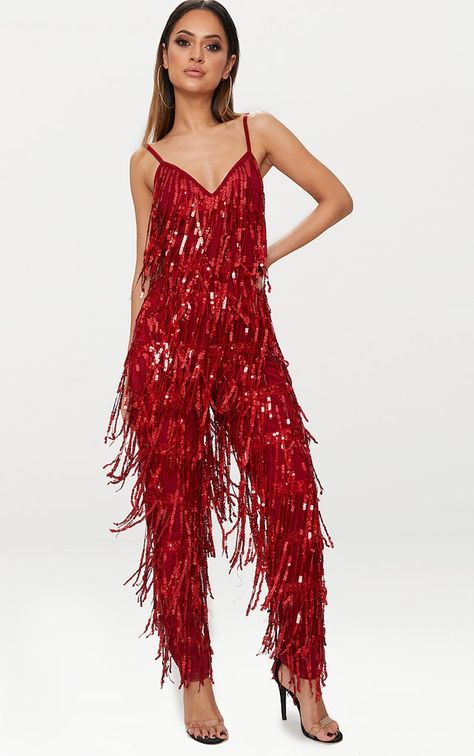 Red Tassel Sequin Jumpsuit Red Sequin Jumpsuit, Jumpsuit Sequin, V Neck Jumpsuit, Cheap Jumpsuits, Salsa Dress, Elegant Sweater, Sequin Jumpsuit, Future Outfit, Dress Aesthetic