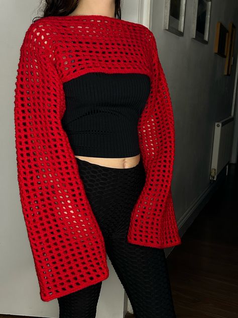 Red Crochet Ideas, Red Crochet Cardigan, Crochet Patchwork Blanket, Red Knit Sweater, Red Crochet, Patchwork Blanket, Crochet Fashion Patterns, Drop Shoulder Sweaters, Colour Red