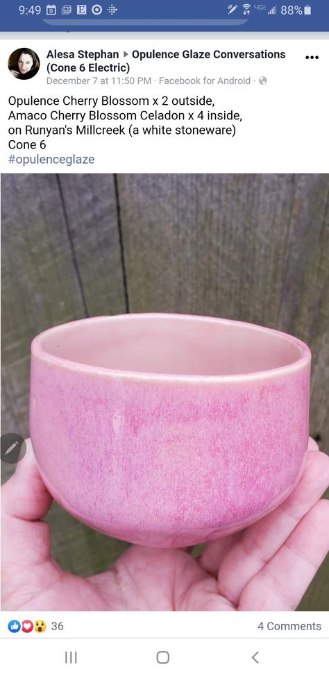 Amaco Cherry Blossom Glaze Combinations, Opulence Glaze Combinations, Amaco Cherry Blossom, Pink Glaze Combinations, Pink Glaze Combinations For Pottery, Cherry Blossom Glaze Combinations, Pink Opal Glaze Combinations, Kawaii Ceramics, Pink Glaze Recipe