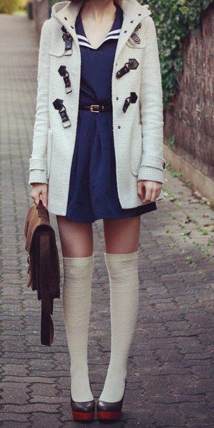 Cute Romwe Dress, Coat White, Knee Highs, Sailor Dress, Duffle Coat, Dress Beige, Dress Coat, Knee Dress, Geek Chic