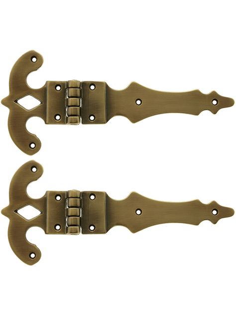 Pair Of Heavy 5" x 11" Ornate Brass Surface Hinges in Antique-By-Hand Finish | House of Antique Hardware Brass Cabinet Hinges, Antique Hinges Hardware, Tool Organization Diy, Cabinet Door Hinges Brass, Steampunk Rooms, Antique Hinges, Wooden Hinges, Antique Wooden Boxes Hardware, Aladdin Lamp