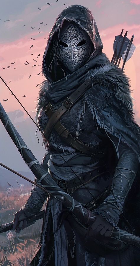 Undead Ranger Dnd, Masked Archer Art, Fey Ranger Dnd, Mysterious Hooded Figure Art, Masked Archer, Dnd Female Ranger, Female Archer Art, Cloaked Figure Art, Assassin Rpg