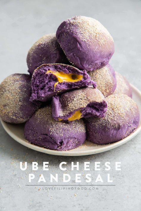 Ube Cheese Pandesal - Love, Filipino Food  Purple yam bread roll stuffed with quick melt cheese Ube Cheese Pandesal Recipe, Ube Rolls, Ube Pandesal Recipe, Kiwi Curd, Yam Bread, Benefits Of Sweet Potato, Sweet Potato Desserts, Potato Desserts, Ube Cheese Pandesal