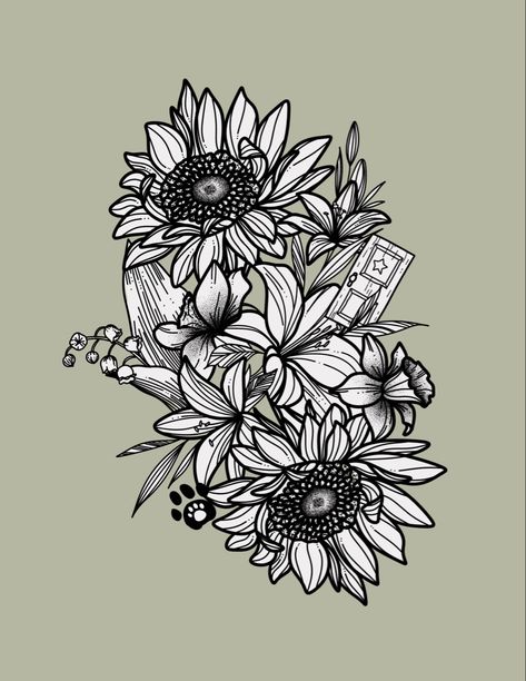 Sunflower daffodils lily Lily Of The Valley And Sunflower Tattoo, Water Lily And Sunflower Tattoo, Sunflower And Lily Tattoo, Daisy And Sunflower Bouquet Tattoo, Lillies And Sunflowers Tattoo, Daffodil Tattoo, Lilies Drawing, Sunflower Drawing, Lily Tattoo