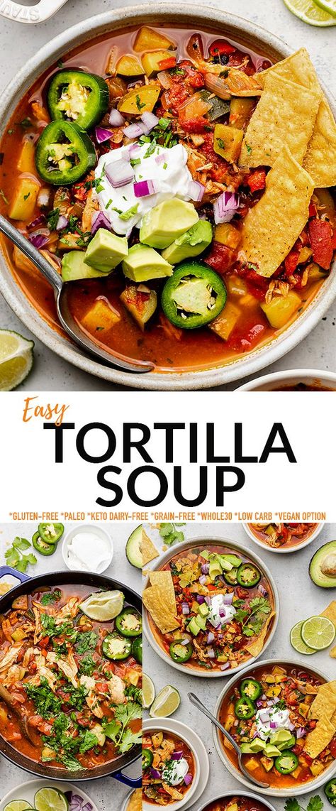 This Tortilla Soup is fresh, flavorful and full of bright and healthy veggies, herbs and zesty spices. A cozy and comforting soup with shredded chicken (or jackfruit for plant-based) that you can serve with your favorite toppings for a quick and simple lunch or dinner. Freezer-friendly, great for meal prep, gluten-free, dairy-free, paleo, Whole30 compliant and easily vegan! Soup With Shredded Chicken, Jackfruit Chicken, Tortilla Soup Easy, Paleo Soups, Creamy Chicken Tortilla Soup, Stews Recipes, Clean Eating Salads, Simple Lunch, Comforting Soup