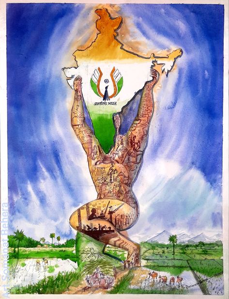 Independence day 🇮🇳 Medium-watercolour on handmade papaer Title- nijaswa atmanirbhar bharat Size 26"×18" #AzadiKaAmritMahotsav #localforvocalindia #AtmanirbharBharat #painting #artist #india ##toadyart #indipendence#somanatabeheraart#beheraart Swachh Bharat Drawing Ideas, Atmanirbhar Bharat, Drawing In Circle, Save Earth Drawing, Wall Drawing Ideas, Drawings With Meaning, Art Competition Ideas, Independence Day Drawing, Meaningful Paintings