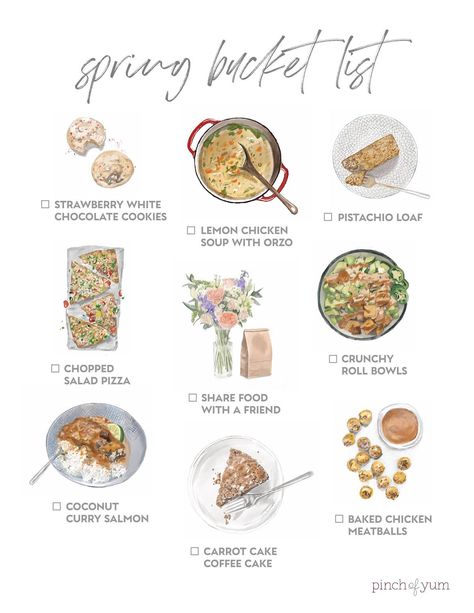 Announcing the Spring Bucket List - Pinch of Yum Spring Seasonal Foods, March Baking Ideas, March Bucket List, Baking Bucket List, Food Bucket List, Spring Bucket List, Cozy Recipes, Time Journal, Baked Chicken Meatballs