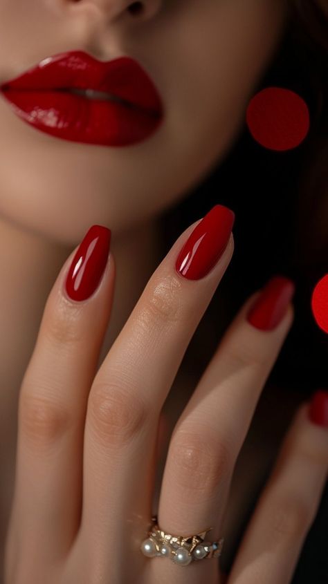 Red Nails And Red Lips, Red Lips And Nails, Red Nails Red Lips, Bold Red Nails, Fiery Red Nails, Fire Red Nails, Red Nail Aesthetic, Nails Aesthetic Wallpaper, Aesthetic Red Nails