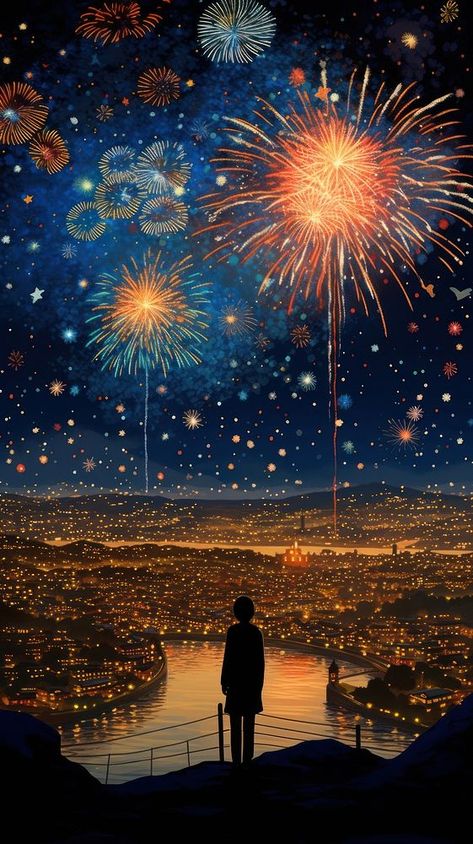 Illustration of a firework in japan fireworks silhouette landscape. | premium image by rawpixel.com / Teddy New Year Aesthetic Drawing, Festival Art Drawing, Fireworks Paintings, Fireworks Landscape, Fireworks Aesthetic Wallpaper, Firework Illustration, Japan Fireworks, Scenery Portrait, Firework Background