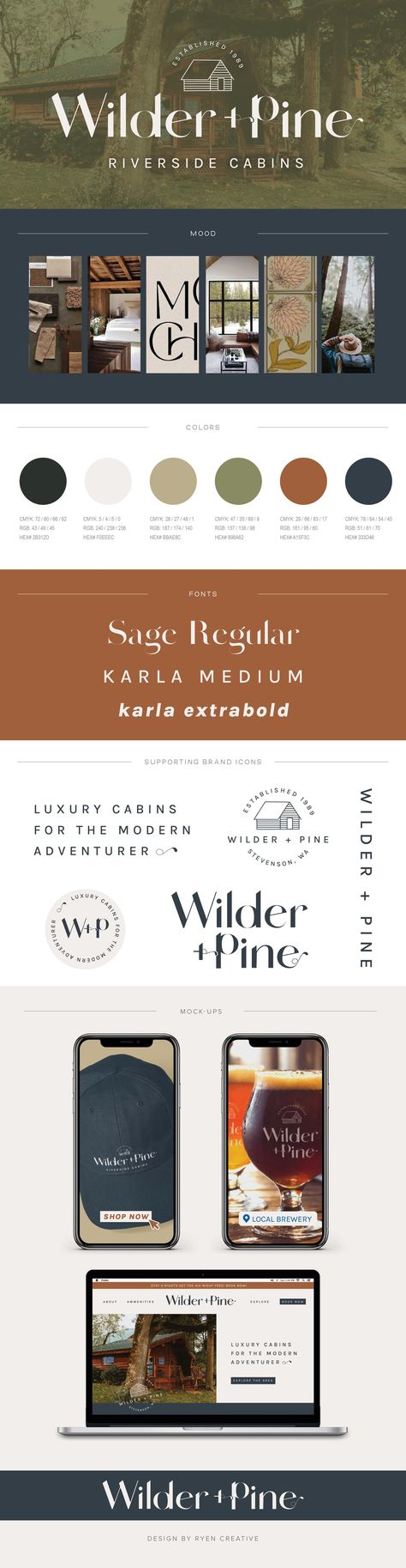 WILDER AND PINE CABINS — Ryen Creative - Branding, Logos & Website Design Cabin Branding, Cabin Logo, Modern Rustic Cabin, Brand Identity Board, Mountain Cabin Rentals, Pine Cabin, Brand Boards, Camp Brand, Monte Verde