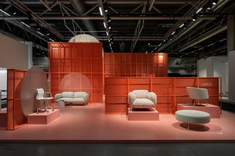 2020 Furniture Exhibitions And Fashion Shows Reimagined With A Mindset Of Re-Use Sofa And Armchair, Modular Structure, Exhibition Stall, Showroom Interior Design, Stall Designs, Exhibition Booth Design, Showroom Design, 70th Anniversary, Exhibition Booth