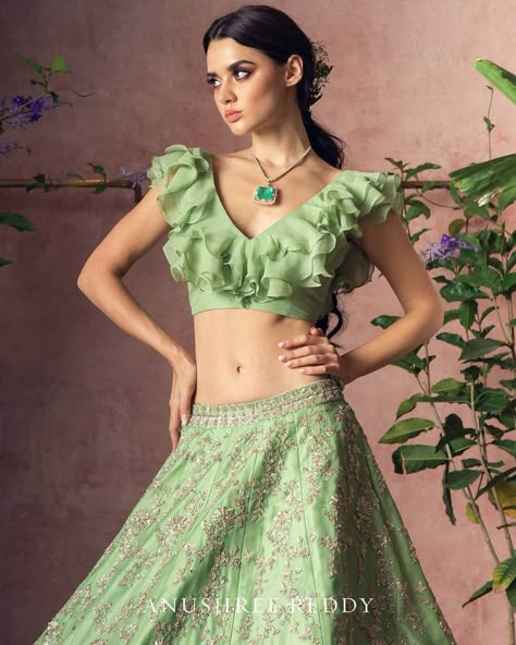 Ruffles Lehenga, Ruffle Blouse Designs, Worked Blouse, Casual Kurti, Skirt And Crop Top, Blouses Designs, Checks Saree, Ethnic Suit, Pista Green