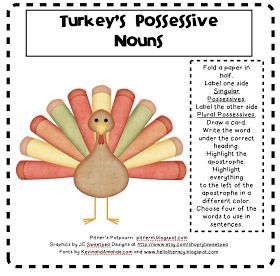 Turkey's Possessive Nouns Possessive Noun, Third Grade Literacy, Teaching Thanksgiving, Nouns Activities, Possessive Nouns, Third Grade Writing, Speech Language Activities, 2nd Grade Writing, Teaching Second Grade