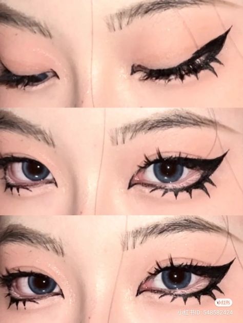 Anime Eyeliner Styles, Gyaru Eyeliner, Doll Eyeliner, Maquillage Yeux Cut Crease, Gyaru Makeup, Punk Makeup, Doll Eye Makeup, Kawaii Makeup, Ulzzang Makeup