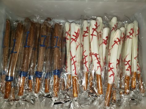 Bats and Baseball dipped pretzels. Pretzel Rod Baseball Bats, Baseball Theme Pretzel Rods, 1st Birthday Baseball Theme Food Ideas, Baseball Birthday Party Treats, Baseball Pretzel Rods, Baseball Chocolate Covered Pretzels, Baseball Pretzels, Baseball Party Treats, Baseball Foods