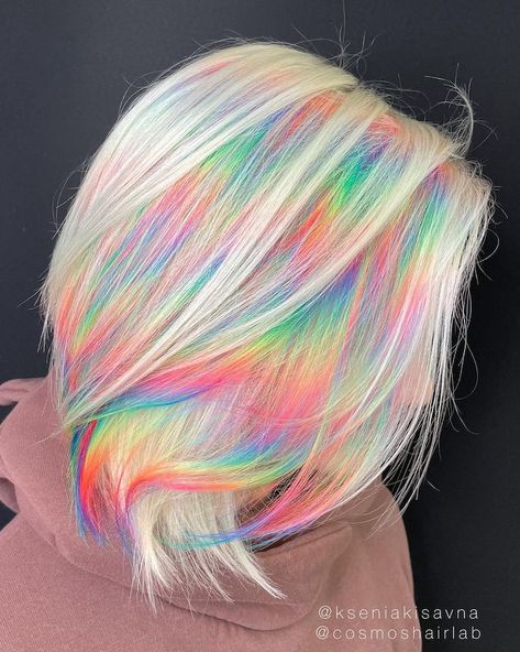 Glitch Hair, Hidden Rainbow Hair, Pastel Rainbow Hair, Holographic Hair, Vivid Hair Color, Rainbow Hair Color, Crazy Hair Days, Pastel Hair, Colored Hair