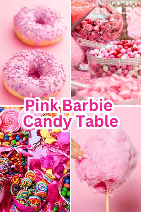 Pink Barbie Candy Table, Barbie Sweets Table, Barbie Candy Bar Ideas, Barbie Desserts Party Ideas, Barbie Candy Table Ideas, Barbie Table Decor, Barbie Themed Birthday Party Decor Table Settings, Barbie Cake Table, Sweet 16 Barbie Theme