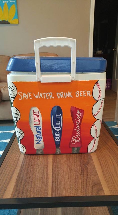 save water drink beer baseball golf cooler Painting Coolers For Guys Fraternity, Pike Formal Cooler, Frat Cooler Designs, Beer Pong Table Painted Ideas Boys, Painted Coolers For Guys, Ka Cooler, Mountain Weekend Cooler, Painted Fraternity Coolers, Nola Cooler