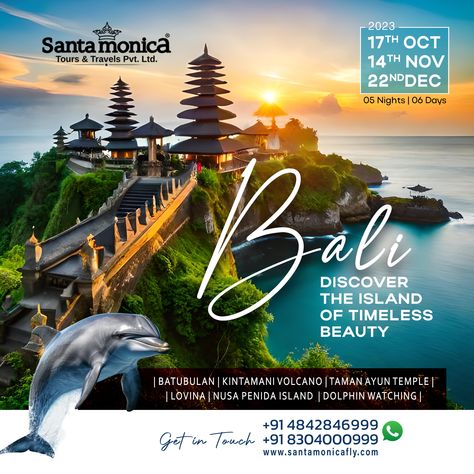 🌴 Escape to Paradise! Discover the enchanting beauty of Bali with our exclusive tour package. From lush jungles to pristine beaches, experience it all in Bali. 🌺 Book your dream getaway now! Call Santamonica Tours and Travels at ☎ +91 830 4000 999 NOW! #SantamonicaToursandTravels #BaliTourPackage #Bali #TourPackages #BestTravelCompany #DiscoverBali #Travel Travel Advertising Design, Caption Ig, Bali Tour Packages, Study Abroad Travel, Bali Tour, Customer Acquisition, Tours And Travels, Sunset Dinner, Travel Creative