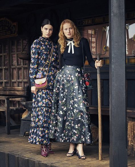 From left: Dress, £299, Essentiel Antwerp. Earrings, £98, Rachel Entwistle. Purse, £140, C... Prairie Dress Street Style, Pioneer Aesthetic, Duo Editorial, Pioneer Fashion, Valentino Skirt, London Bag, Modern Prairie, Prairie Dresses, Daisy London