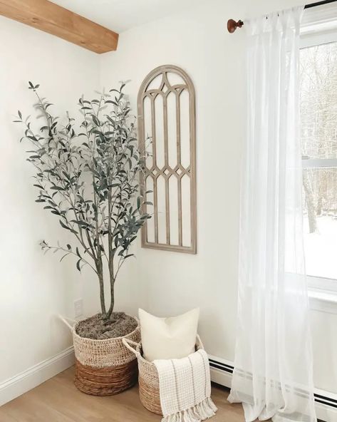 Decor Behind Chair In Corner, Decor For Living Room Corner, Corner Fillers Living Rooms, In Front Of Window Decor, Accent Corner In Living Room, What To Put In A Corner Of A Living Room, Corner Living Room Ideas Small Spaces, Corner Of Living Room Decor, Tall Decor Ideas For Corner