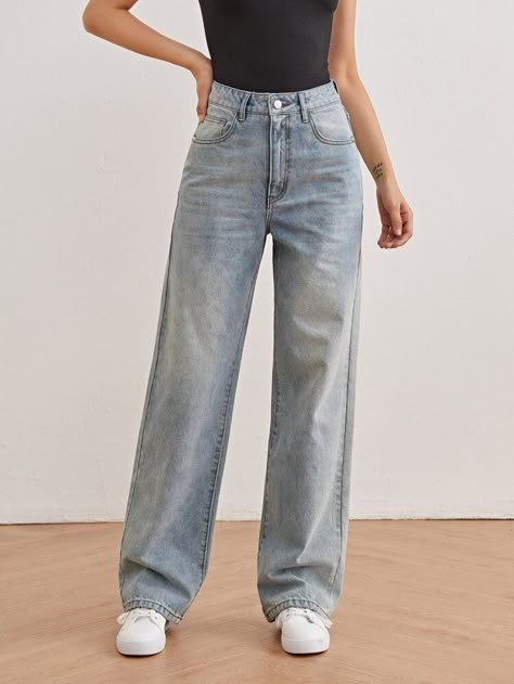 Free Returns ✓ Free Shipping On Orders $49+ ✓. SHEIN BASICS High-Waisted Vintage Boyfriend Jeans- Jeans at SHEIN. Vintage Boyfriend Jeans, Straight Jeans Outfit, High Waisted Jeans Outfit, Korean Jeans, Looks Jeans, Best Jeans For Women, Casual Day Outfits, Cute Jeans, High Waisted Jeans