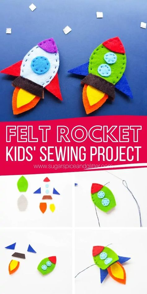 How to sew a felt rocket using a free printable template. Sewing is such an essential life skill and this is a great first sewing project for reluctant sewers! Use as an ornament, finger puppet or add to a painting Free Felt Patterns Printables, Rocket Craft, Rockets For Kids, First Sewing Projects, Baby Mobil, Puppet Crafts, Sewing Projects For Kids, Felt Patterns, Fun Activities For Kids