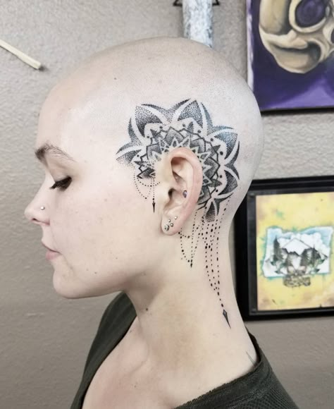 Tattoo Pics - Tattoo.com Drawing Of A Guy, Dotwork Tattoo Mandala, Scalp Tattoo, Kunst Tattoos, Head Tattoo, Small Girl Tattoos, Bald Girl, Tattoos Skull, Mandala Tattoo Design