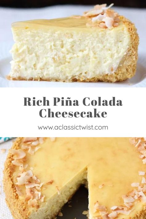 This Piña colada cheesecake is a pure delight that will transport you to the tropics in no time! A rich, creamy cheesecake filling, infused with cream of coconut and pineapple chunks make this dessert extra special. Pina Colada Cheesecake, Cream Of Coconut, Yummy Cheesecake, Coconut Cheesecake, Pineapple Chunks, Easy Cheesecake Recipes, Cheesecake Filling, Group Ideas, Cheesecake Desserts