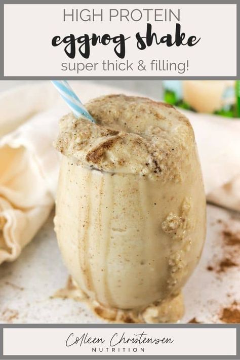 Eggnog Protein Shake Recipe, Eggnog Smoothie Healthy, Eggnog Shake Recipes, Holiday Protein Shakes, Protein Shake Dessert Recipes, Gingerbread Protein Shake, Holiday Smoothie Recipes, Eggnog Protein Shake, Eggnog Milkshake