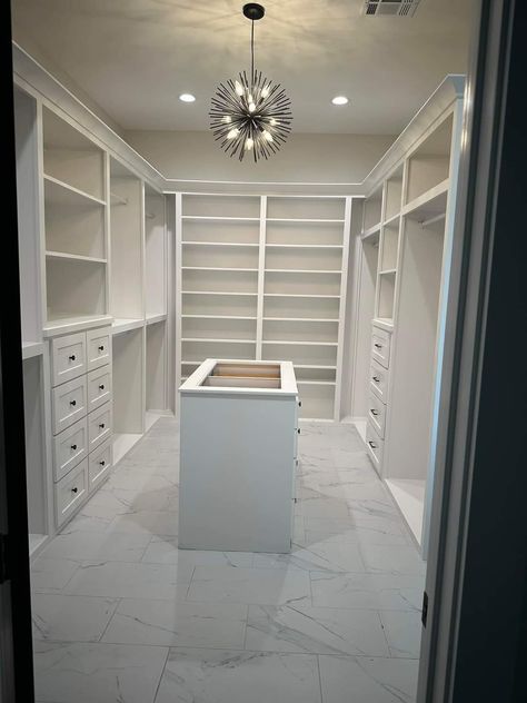 Dream His And Hers Closet, Walk In Closet Must Haves, Master Closet Flooring, Wide Closet Ideas, Master Walk In Closet Ideas Luxury, Built In Walk In Closet, Walk In Closet Ideas Diy Cheap, Closet Customization, Walk In Closet Bathroom Combo