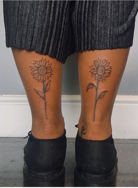 Sunflowers back of calf tattoo Sunflower Tattoo Back Of Leg, Sunflower Tattoo Calf, Sunflower Tattoo On Leg, Sunflower Tattoo Leg, Sunflower Leg Tattoo, Womens Calf Tattoo, Back Calf Tattoos For Women, Back Of Calf Tattoo, Tattoo On Calf