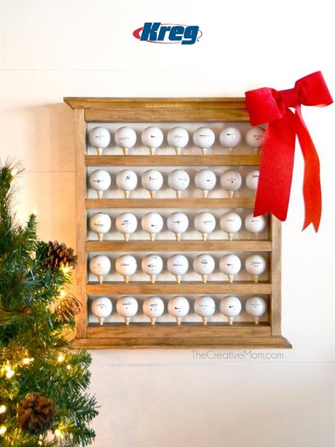 This golf ball display case is the perfect handmade gift! It measures 18 1/2" x 15 1/2" and has room to display 35 golf balls. This is a beginner build, although it does require a little bit of precision. It is something you could easily tackle in a weekend. Displaying Golf Clubs, Hole In One Golf Ball Display, Golf Ball Display, Golf Club Shadow Box Display, Golf Ball Display Case, Golf Ball Displays, Drill Bit Sizes, Golf Ball Crafts, Golf Diy