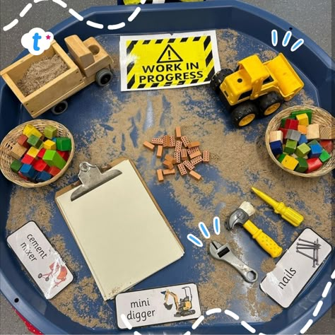 EYFS Construction Tuff Tray Pack 👉 Follow the link. "We have been learning all about occupations and the children have really enjoyed learning about the roles of a scientist and a chef. We are now ready to learn all about the role of a builder 👷🏽‍♀️" - @early_years_with_liane [Instagram] #builderplay #constructionplay #pretendplay #tufftrayideas #twinklparents Role Play Tuff Tray, Eyfs Construction Activities, All About Me Eyfs Activities Preschool, Utw Eyfs Activities, Preschool Construction Area, Construction Tuff Tray Ideas, Construction Tuff Tray, Eyfs Construction Area, Early Years People Who Help Us Activities