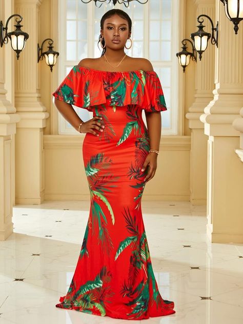 Free Returns ✓ Free Shipping On Orders $49+ ✓. Plus Tropical Print Off Shoulder Ruffle Trim Maxi Formal Dress- Plus Size Dresses at SHEIN. Ericka Core, Havana Nights Party, Dreams Tulum, Maxi Formal Dress, Havana Nights, Tropical Dress, African Attire, Clothing Size Chart, Wedding Attire