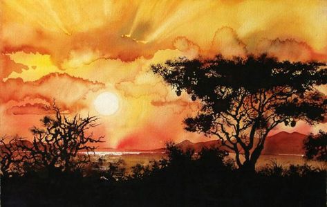 Savannah Sunset, Dnd Board, African Sunset, Pastel Sunset, Water Colours, Sunset Painting, Photo Reference, Watercolor Landscape, Watercolor Background