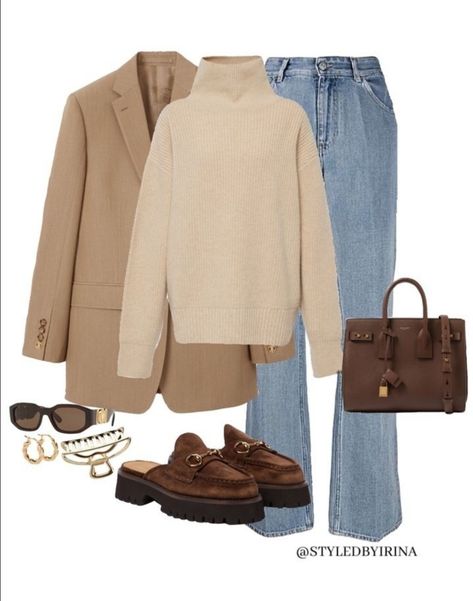 Brown And Jeans Outfit, Light Brown Jeans Outfit, Light Brown Sweater Outfit, Brown Sweater Outfit, Brown Jeans Outfit, Light Brown Jeans, Light Brown Sweater, Cream Outfit, Gold Hair Clips