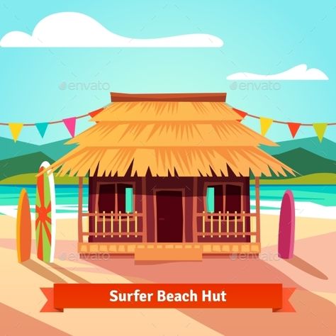 Surfers Lagoon Beach Hut With Standing Surfboards Lagoon Beach, Bahay Kubo, Construction Paper Crafts, Summer Surf, Graphic Design Trends, Vector Portrait, Jungle Theme, Beach Hut, Flat Style