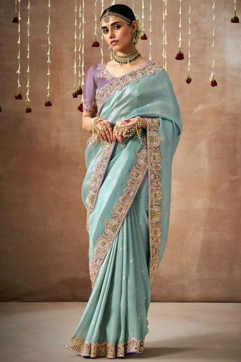 Mint Blue Organza Silk Designer Saree Saree Wedding Designer, Pearl Mirror, Half And Half Saree, Tissue Sarees, Blue Silk Saree, Indian Wedding Sarees, Saree Indian Wedding, Ethnic Clothes, Lavender Silk