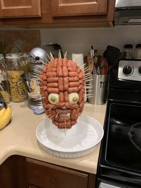 Hell raiser sausage head appetizer Halloween Sausage Ideas, Halloween Sausage, Hell Raiser, Spooky Dinner, Halloween Foods, Adult Halloween Party, Halloween Snacks, Halloween Food, Party Foods