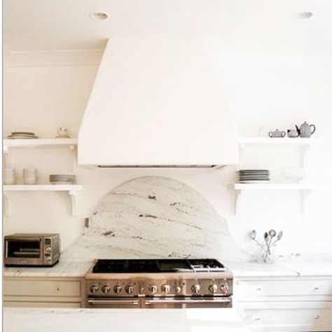 I'm now obsessed with plaster covered range hoods like this one I found from Scout for the Home. The clean airy look is perfect to come home too. Can't wait to get some of my upper cabinets off the wall and put up shelves! Dream Kitchen Design, Oven Hood, Inset Cabinets, Neutral Kitchen, Dream Kitchens Design, Farm Kitchen, Kitchen Hoods, White Marble Countertops, Kitchen Stove