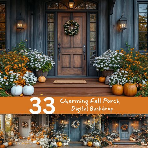 Capture the cozy essence of fall with this Charming Fall Porch Digital Backdrop, featuring pumpkins, vibrant flowers, and a welcoming front door. 🎃🍂 Perfect for seasonal photoshoots, holiday cards, or creating warm autumnal memories, this backdrop provides a stunning and inviting scene for your creative projects. ‼️ IMPORTANT: Please be aware that I create the digital backdrops with an AI generator. 🖥️✨ 🌟 Key Features: High Resolution: Crisp and detailed imagery, ideal for both professional Fall Front Porch Double Doors, Fall Home Decor Outdoor Front Porch, Front Porch Pumpkins Display, Fall Flower Pots Front Porches, Fall Exterior Decor, Front Yard Fall Decor, Fall Outside Decor, Welcoming Front Door, Front Porch Landscape