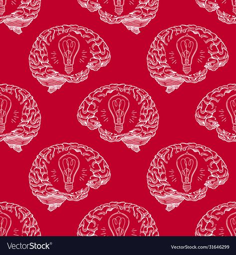 Cute seamless vector pattern of white realistic hand drawn human brain with ideas on red background. #idea #brain #light #bulb #genius #mind #smart #intelligence #intellectual #study #education Sketch Human, Lightbulbs, Human Brain, Vector Drawing, Vector Illustration Design, Vector Pattern, Red Background, Vector Graphics, Vector Design